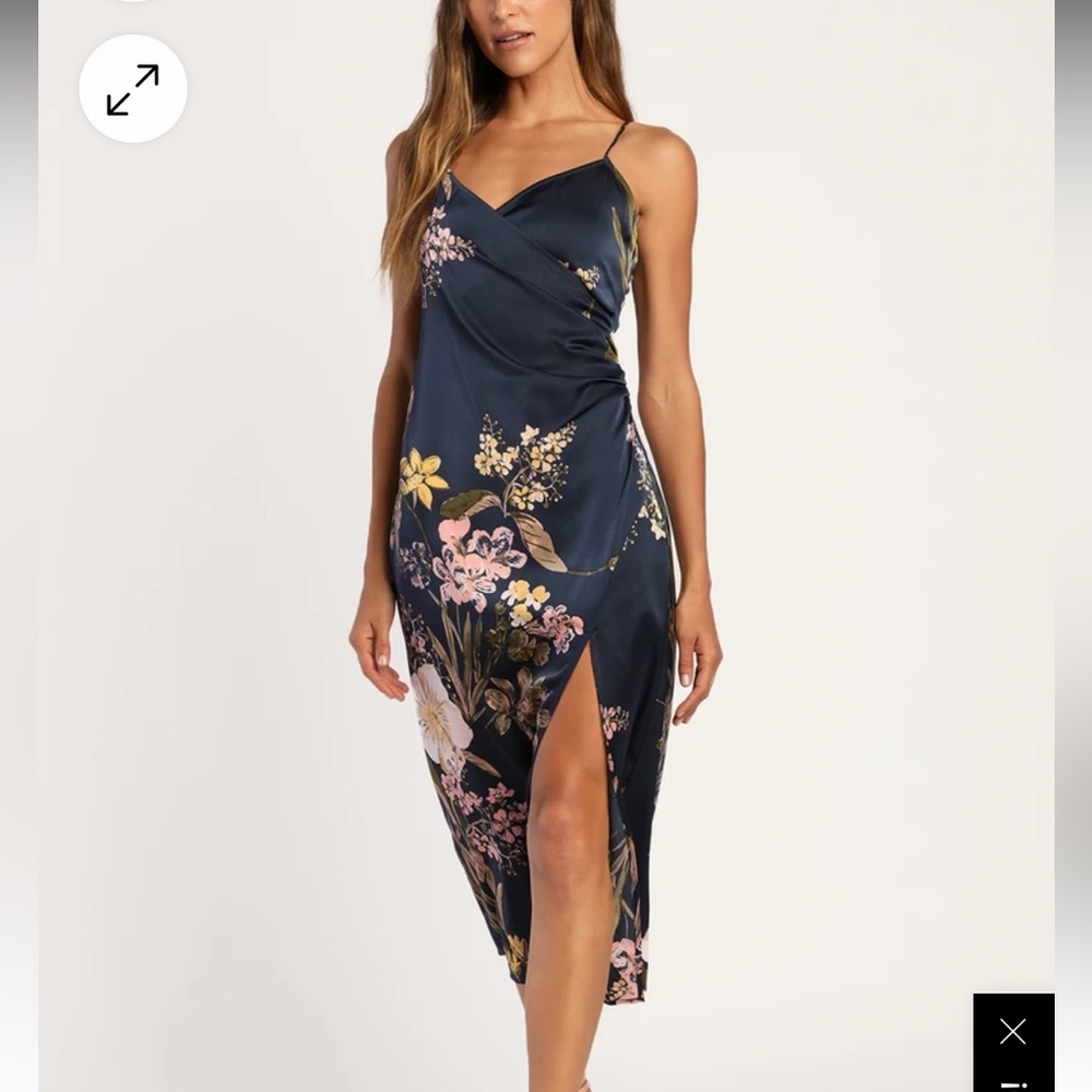 Remarkable Entrance Navy Blue Floral Print Satin Midi Dress